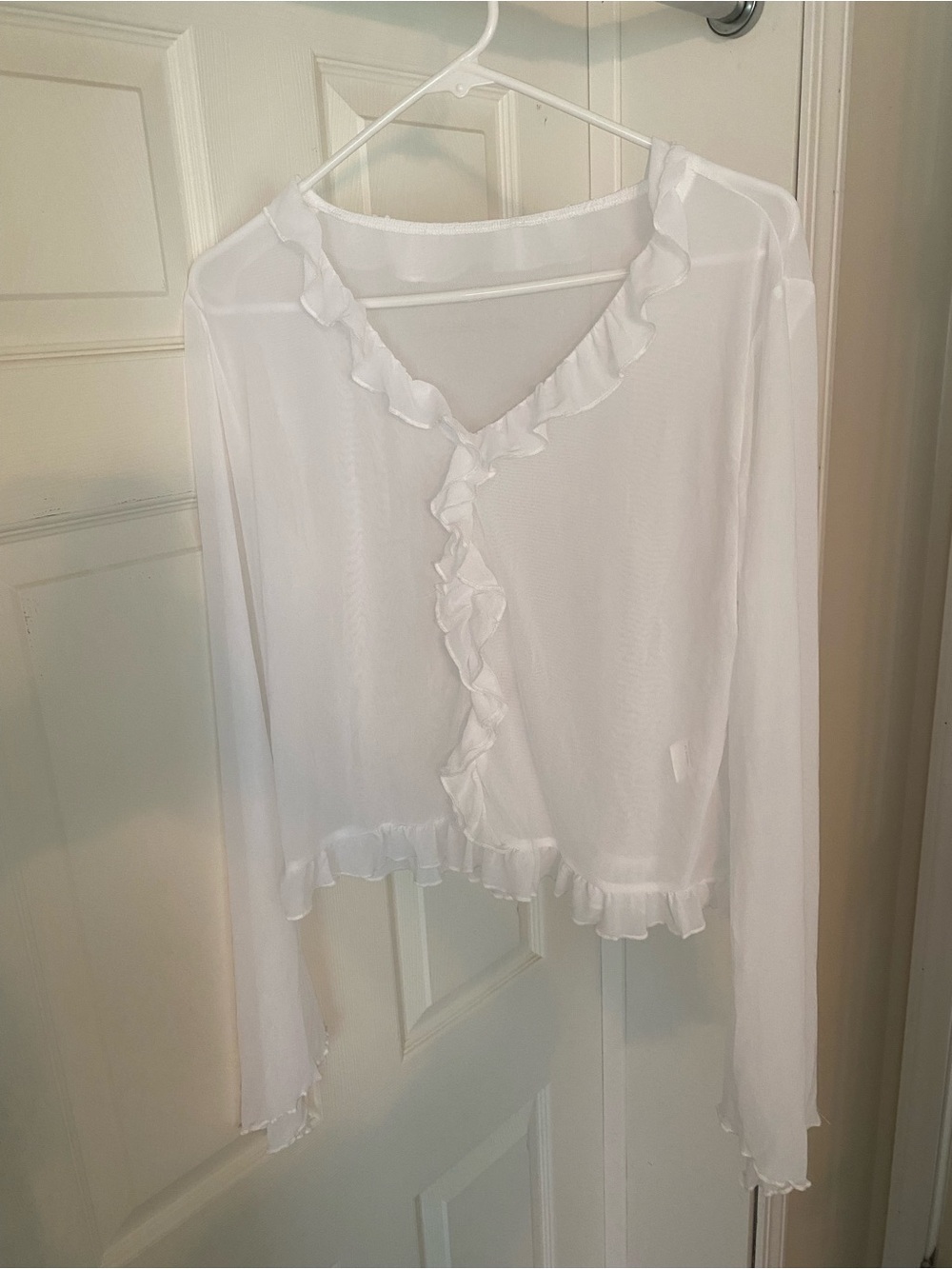 Sheet White Ruffle-Trim Long Sleeve Top